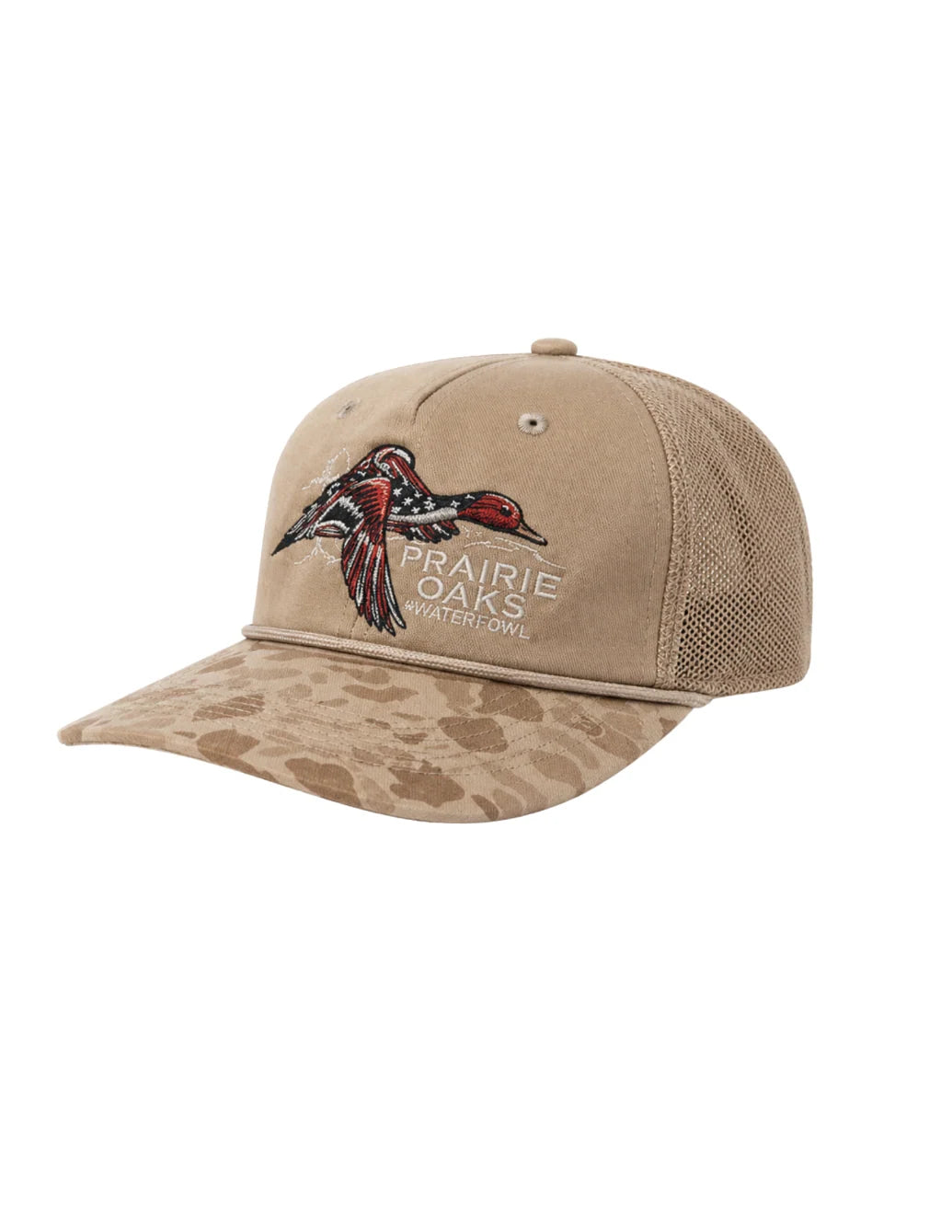 Prairie Oaks Waterfowl Americana Pintail Hat in tan with embroidered red, white and blue pintail, tonal camo bill, rope detail, and mesh back.