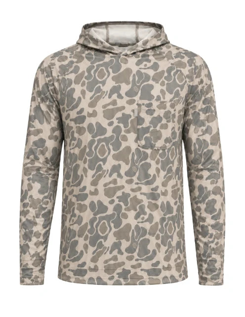 Men's Prairie Oaks The Bottoms Hoody in Traditions Camo Olive featuring an allover camouflage pattern, attached hood, long sleeves, and kangaroo front pocket.