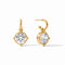 Gold earrings with clear gemstones on a white background