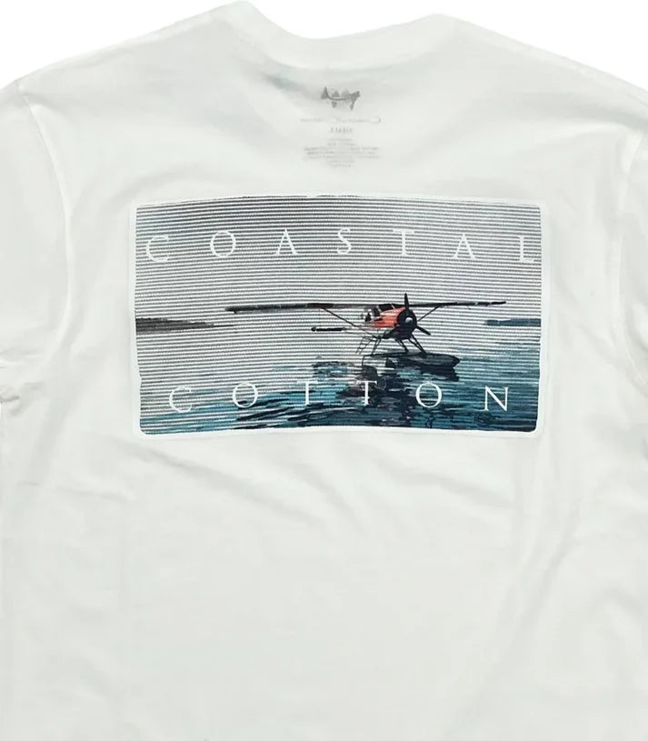 Coastal Cotton Seaplane Long Sleeve T-Shirt featuring a seaplane-inspired graphic, classic crew neckline, long sleeves, and comfortable casual fit.