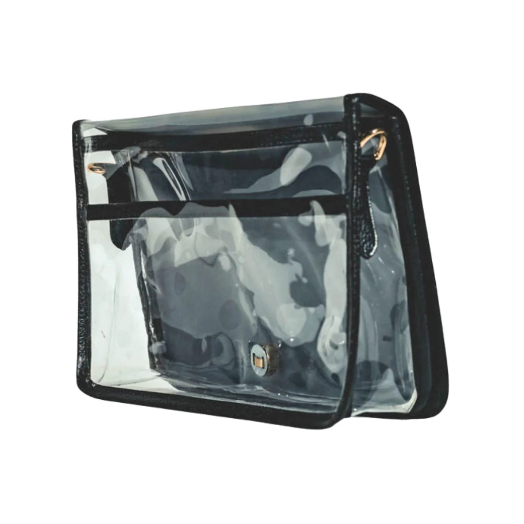Clear pouch with black border on a white background