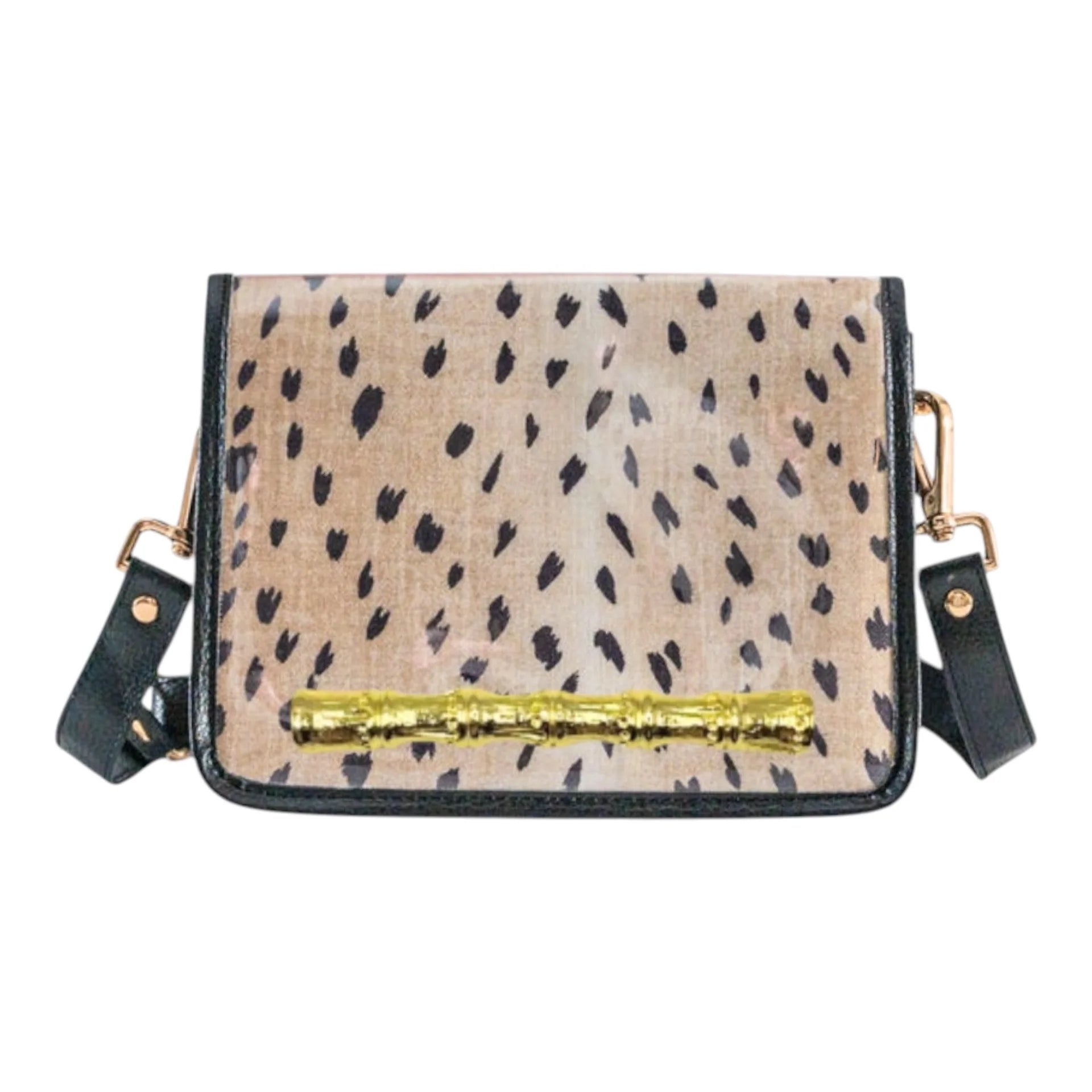 Dark antelope clear stadium crossbody bag featuring animal-print detailing, transparent construction, and a statement gold bamboo stick accent for game day.