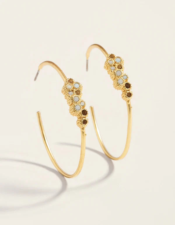 Spartina 449 Vesper Hoop Earrings featuring lightweight, textured 24kt matte gold skinny hoops accented with white opals and sparkling glass crystals.
