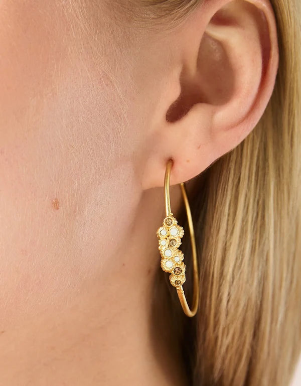 Spartina 449 Vesper Hoop Earrings featuring lightweight, textured 24kt matte gold skinny hoops accented with white opals and sparkling glass crystals.