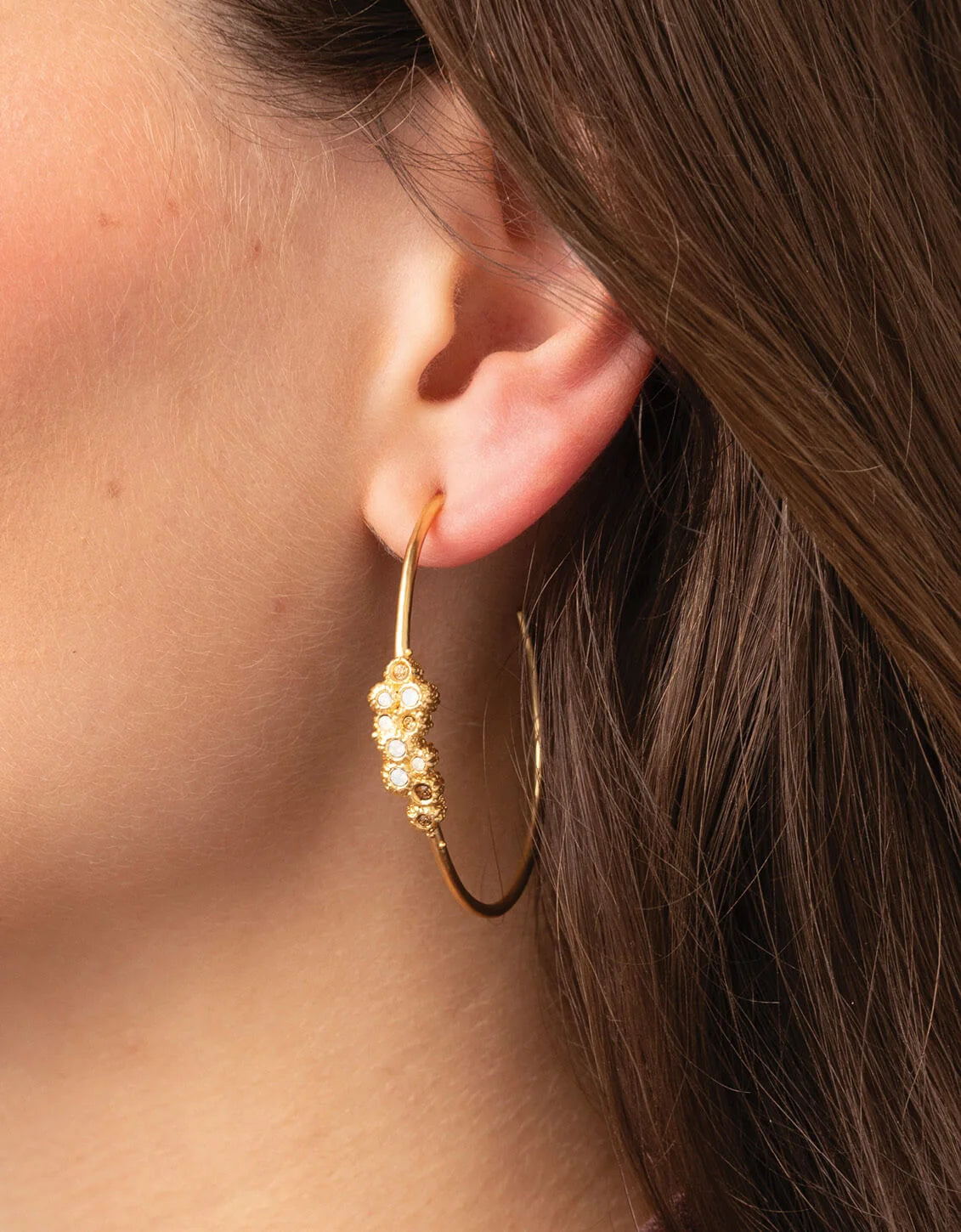 Spartina 449 Vesper Hoop Earrings featuring lightweight, textured 24kt matte gold skinny hoops accented with white opals and sparkling glass crystals.