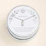A rhodium-plated 18-inch necklace with a clear crystal pendant, displayed on a white circular card inside a round silver presentation box. The card features the word 'FANTASTIC' and a sentimental message, set against a warm cream background.