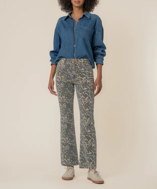 KUT from the Kloth Kelsey High Rise Flare jeans in a tan and brown animal print with a flattering high-rise fit and raw hem.