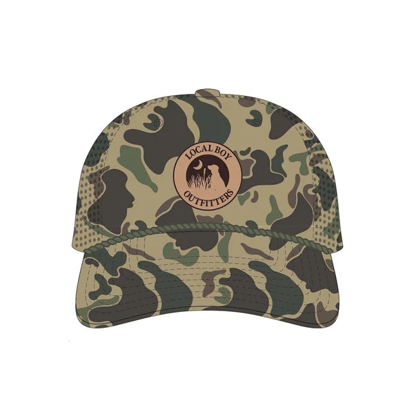 Camouflage baseball cap with a brand logo on a white background