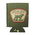 An olive green neoprene can cooler sleeve featuring a prominent 'Local Boy Outfitters' dog patch logo on the front, set against a plain white background.