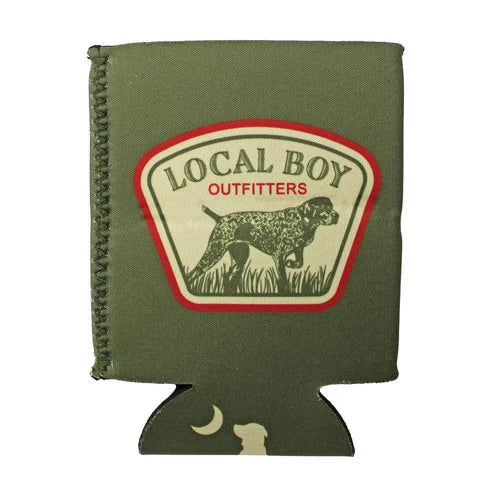 An olive green neoprene can cooler sleeve featuring a prominent 'Local Boy Outfitters' dog patch logo on the front, set against a plain white background.