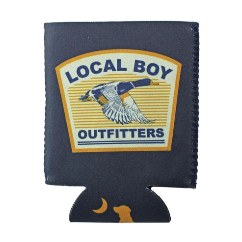 A navy blue koozie sleeve featuring a front patch that reads 'LOCAL BOY OUTFITTERS' with a flying duck graphic, and a small dog silhouette near the bottom edge.