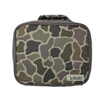 A Local Boy insulated lunch bag with a green and brown camouflage pattern, featuring a top carry handle and a white brand patch on the bottom right corner, set against a plain white background.