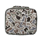 A Local Boy Industries insulated lunch bag featuring a classic camouflage pattern in shades of brown, beige, gray, and black, with a top carrying handle and a brand label on the bottom right.