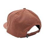 A brown perforated baseball cap shown from the back, featuring a curved brim and an adjustable strap with a small black tag.
