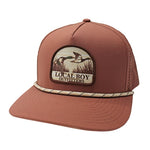 A terracotta brown trucker hat with a front patch reading 'LOCAL BOY OUTFITTERS' and a braided rope detail around the brim, shown on a plain white background.