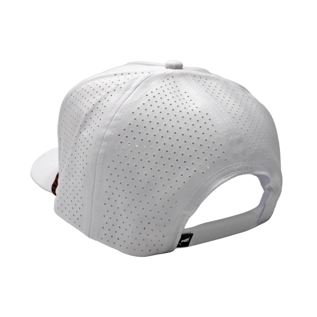 White perforated baseball cap shown from a rear three-quarter angle on a plain white background.