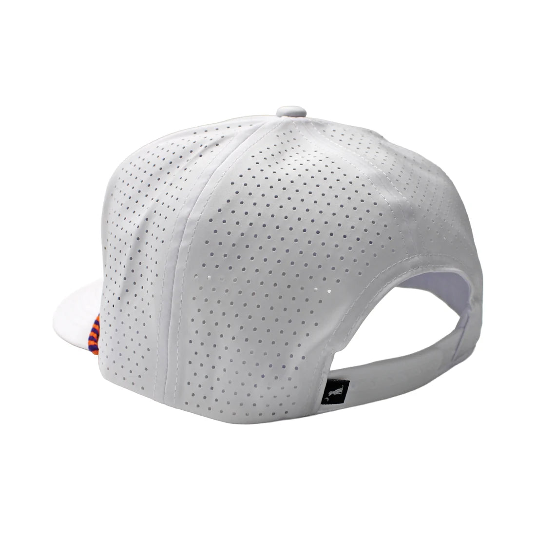 White perforated baseball cap shown from the back, featuring a small black logo patch on the back strap.