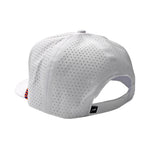 White perforated baseball cap shown from the back, featuring a small black logo patch on the back strap.