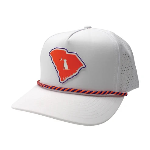 A white structured trucker-style cap with a curved brim, a red and blue braided rope detail around the front, and a red state-of-Maryland-shaped patch with a white silhouette on the front panel.