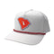 A white structured trucker-style cap with a curved brim, a red and blue braided rope detail around the front, and a red state-of-Maryland-shaped patch with a white silhouette on the front panel.