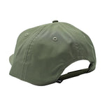 An olive green baseball cap shown from a rear three-quarter angle, featuring a curved brim and an adjustable snapback strap, set against a plain white background.