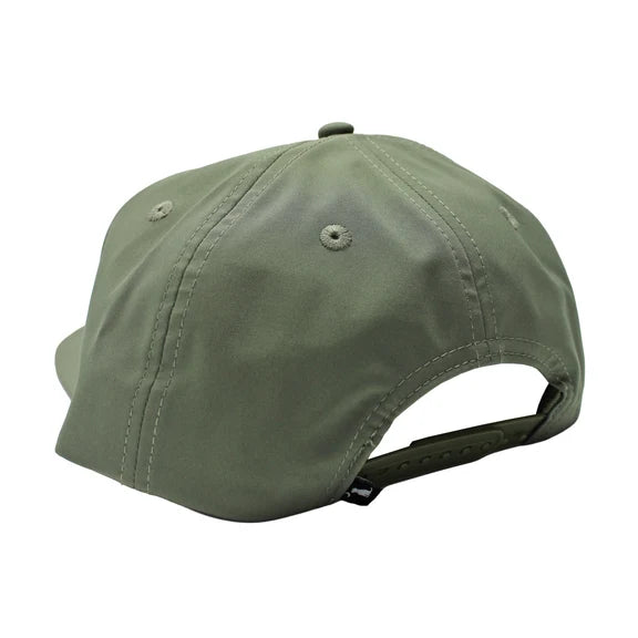 An olive green baseball cap shown from a rear three-quarter angle, featuring a curved brim and an adjustable snapback strap, set against a plain white background.