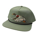 An olive green flat-brim cap featuring an embroidered flying mallard duck on the front panel, with a black band around the crown.