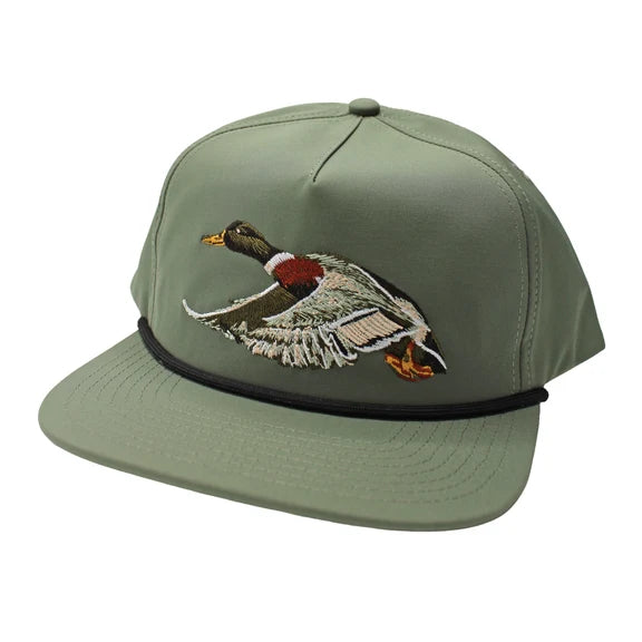 An olive green flat-brim cap featuring an embroidered flying mallard duck on the front panel, with a black band around the crown.