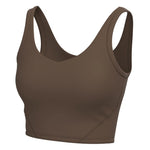 A solid brown sports bra with a wide scoop neckline and wide shoulder straps, shown against a plain white background.