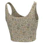 A scoop-neck tank top with a camouflage pattern in shades of beige, brown, and gray, featuring wide shoulder straps and a scoop neckline.