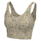 A women's sports bra with a camouflage pattern in shades of beige, tan, and olive green, shown against a plain white background.
