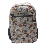 A camouflage backpack with a multi-tone pattern of brown, gray, beige, and light pink, featuring a front zippered pocket and a visible 'LOOLEE' brand label.