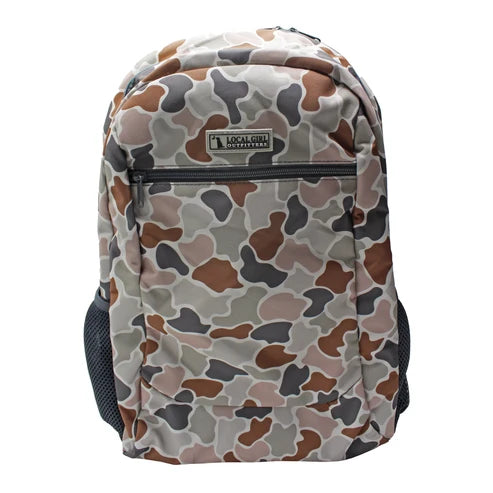 A camouflage backpack with a multi-tone pattern of brown, gray, beige, and light pink, featuring a front zippered pocket and a visible 'LOOLEE' brand label.