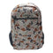A camouflage backpack with a multi-tone pattern of brown, gray, beige, and light pink, featuring a front zippered pocket and a visible 'LOOLEE' brand label.
