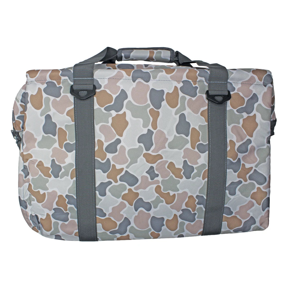 A rectangular duffel bag with a muted camouflage pattern in gray, beige, and brown, featuring two vertical gray webbing straps with black plastic buckles and a top carry handle.