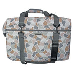 A rectangular duffel bag with a multi-colored camouflage pattern in beige, brown, gray, and white, featuring gray straps and a black buckle closure, shown against a plain white background.