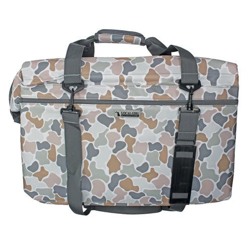 A rectangular duffel bag with a multi-colored camouflage pattern in beige, brown, gray, and white, featuring gray straps and a black buckle closure, shown against a plain white background.