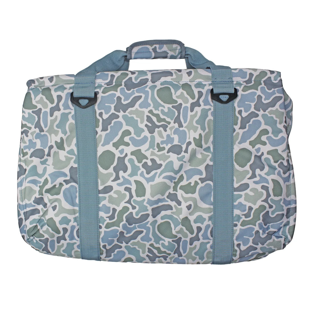 A rectangular duffel bag with a blue, green, and gray camouflage pattern, featuring two vertical blue webbing straps with black plastic buckles and a top carry handle, shown against a plain white background.