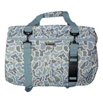 A Lockport 1000 duffel bag featuring a blue, green, and gray camouflage pattern, with a top handle, dual zipper compartments, and adjustable webbing straps with black plastic buckles.