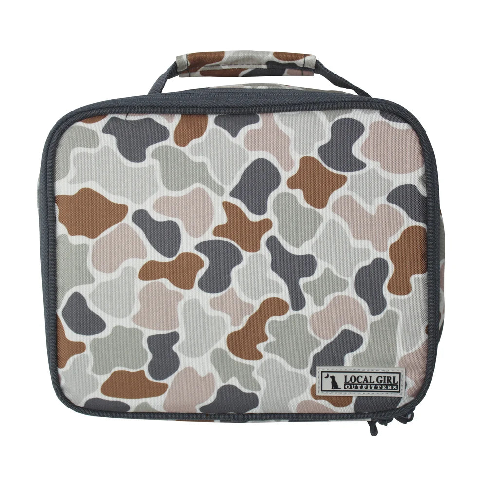 A rectangular lunch bag with a camouflage pattern in brown, beige, gray, and white, featuring a top handle and a 'LOCAL GIRL CLOTHING' brand patch on the bottom right.