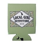 A light sage green neoprene can cooler sleeve featuring a central diamond-shaped graphic with a camouflage background and the text 'LOCAL GIRL OUTFITTERS ESTD. 2013'.