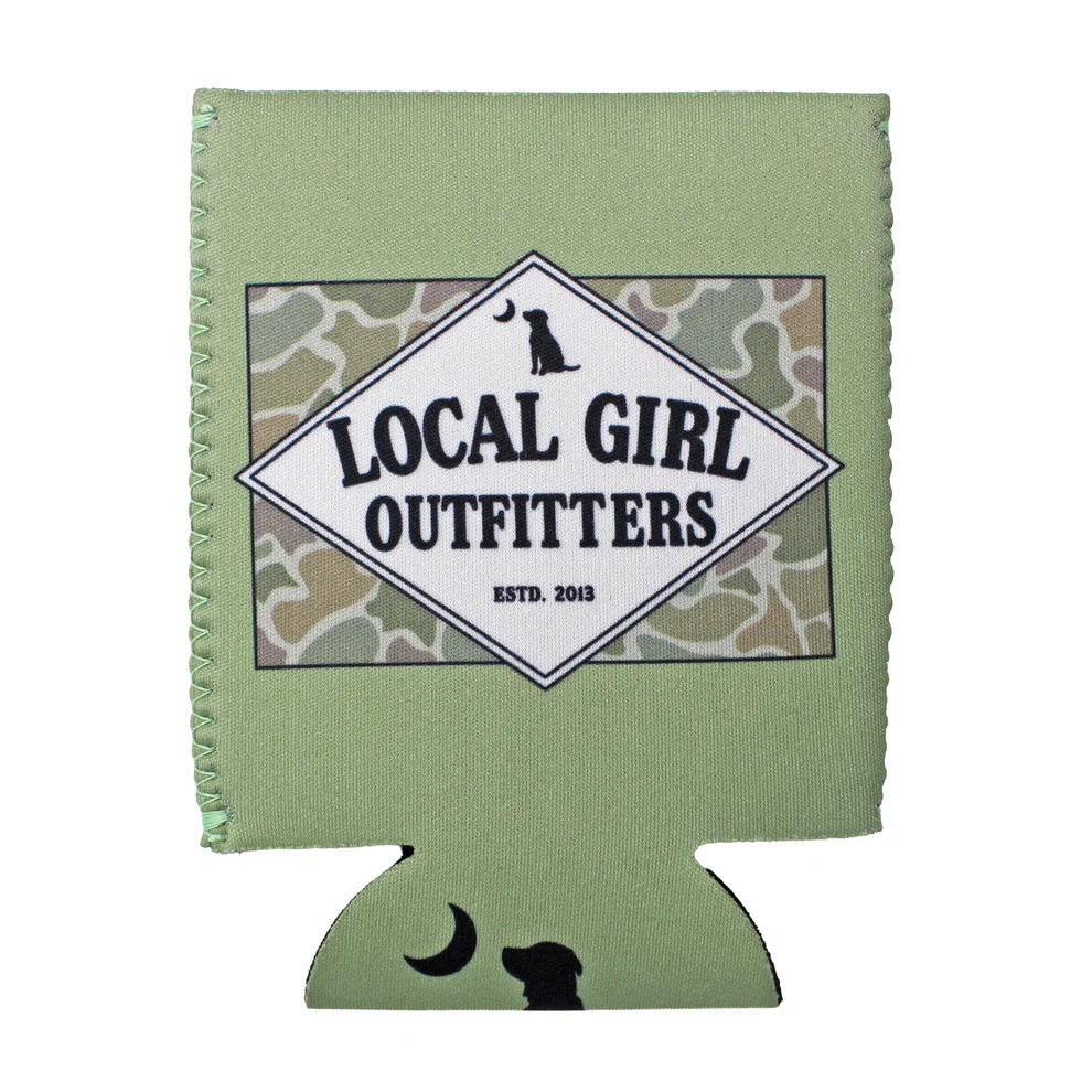 A light sage green neoprene can cooler sleeve featuring a central diamond-shaped graphic with a camouflage background and the text 'LOCAL GIRL OUTFITTERS ESTD. 2013'.