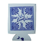 A blue and white striped can cooler featuring a central blue bandana-style graphic with the words 'Local Girl' and botanical border details, plus a small dog silhouette near the bottom.