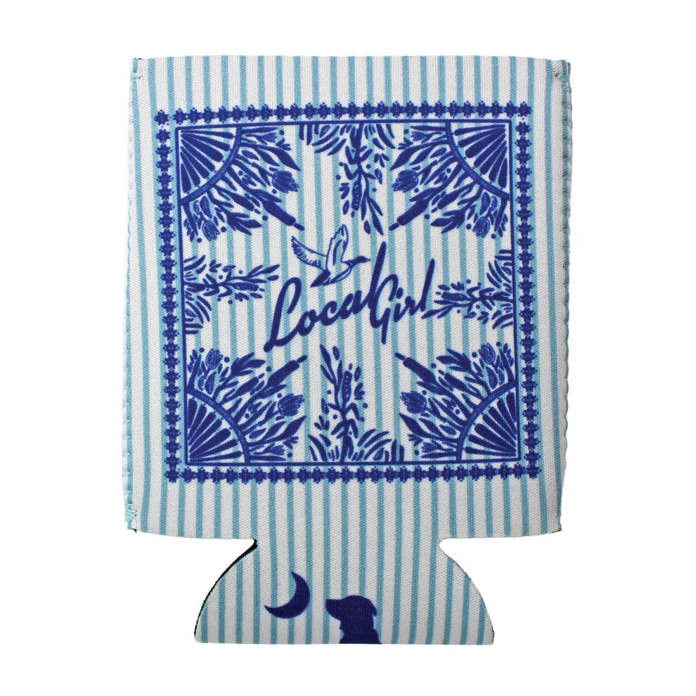 A blue and white striped can cooler featuring a central blue bandana-style graphic with the words 'Local Girl' and botanical border details, plus a small dog silhouette near the bottom.