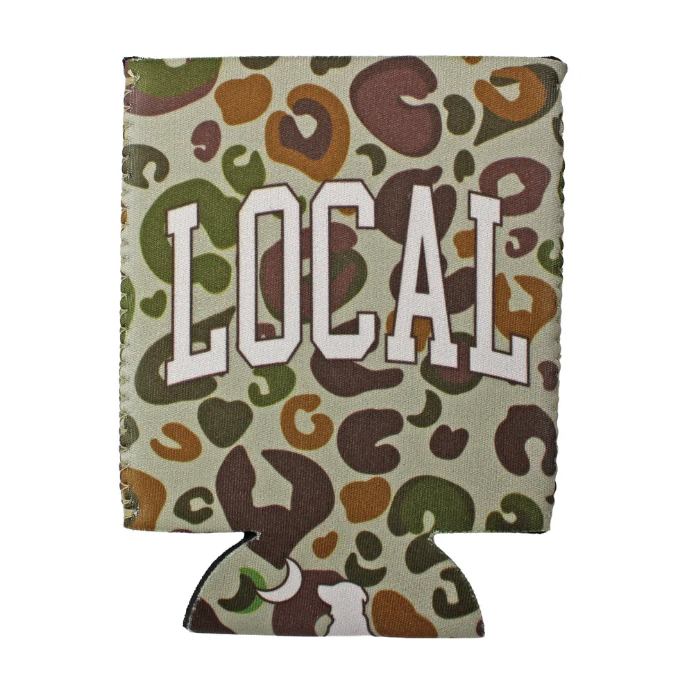 A can cooler sleeve featuring a camouflage-style leopard print pattern in olive green, brown, and tan on a light beige background, with the word 'LOCAL' printed across the front in large white block letters.