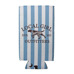 A striped can cooler sleeve with vertical light blue and white stripes, featuring a brown graphic of a pointer dog and the text 'LOCAL GIRL OUTFITTERS ESTD. 2013'.