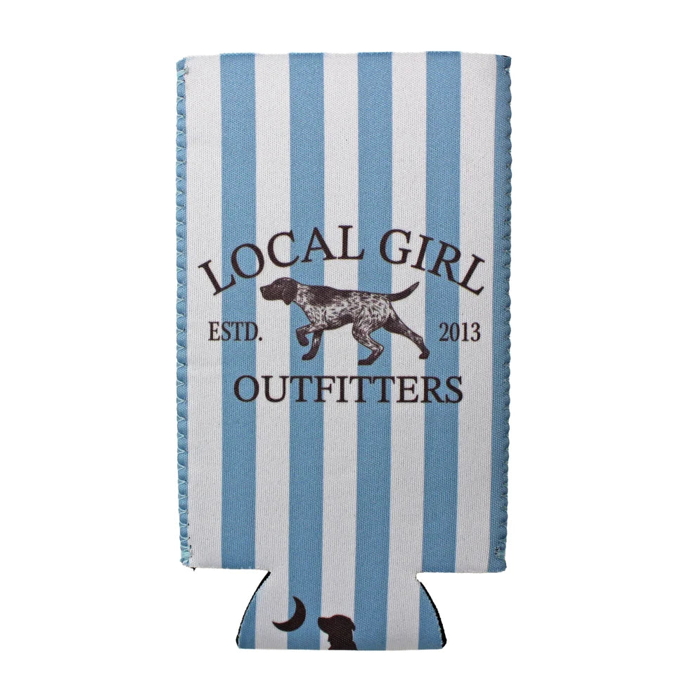 A striped can cooler sleeve with vertical light blue and white stripes, featuring a brown graphic of a pointer dog and the text 'LOCAL GIRL OUTFITTERS ESTD. 2013'.