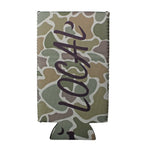 A vertical can cooler sleeve with a green, beige, and brown camouflage pattern, featuring the word 'LOCAL' printed vertically in dark purple script across the center.