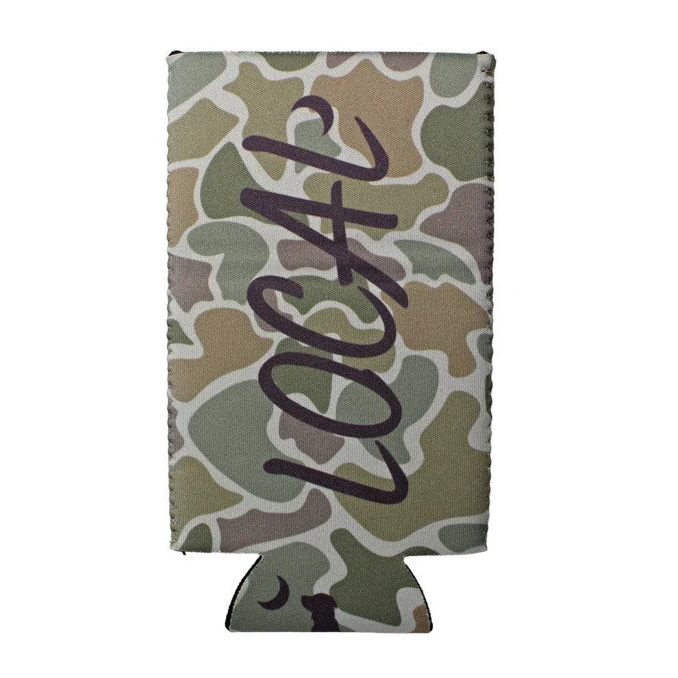 A vertical can cooler sleeve with a green, beige, and brown camouflage pattern, featuring the word 'LOCAL' printed vertically in dark purple script across the center.