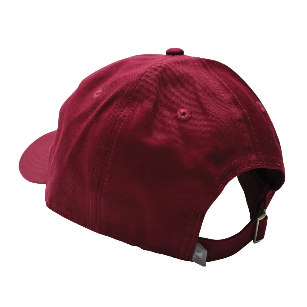 A maroon baseball cap shown from a three-quarters back angle, featuring a curved brim and an adjustable snapback closure, set against a plain white background.